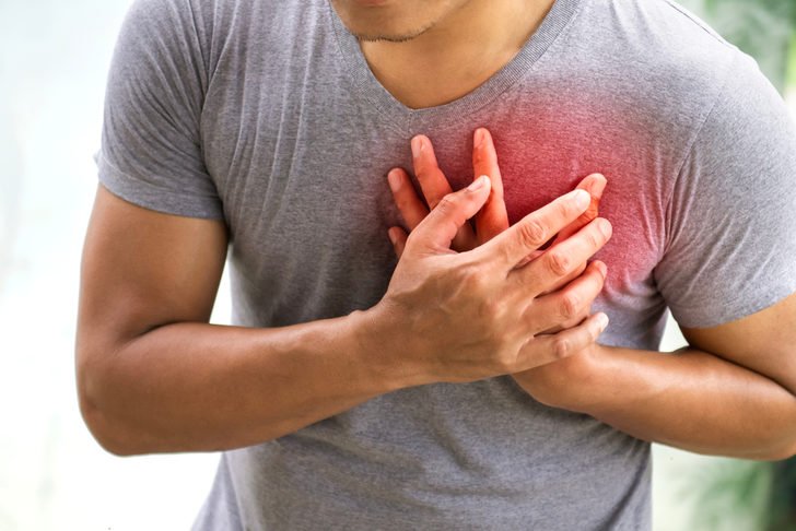 Internal organs bulge through the weak spot, and can become compressed, which can cause pain in the chest.